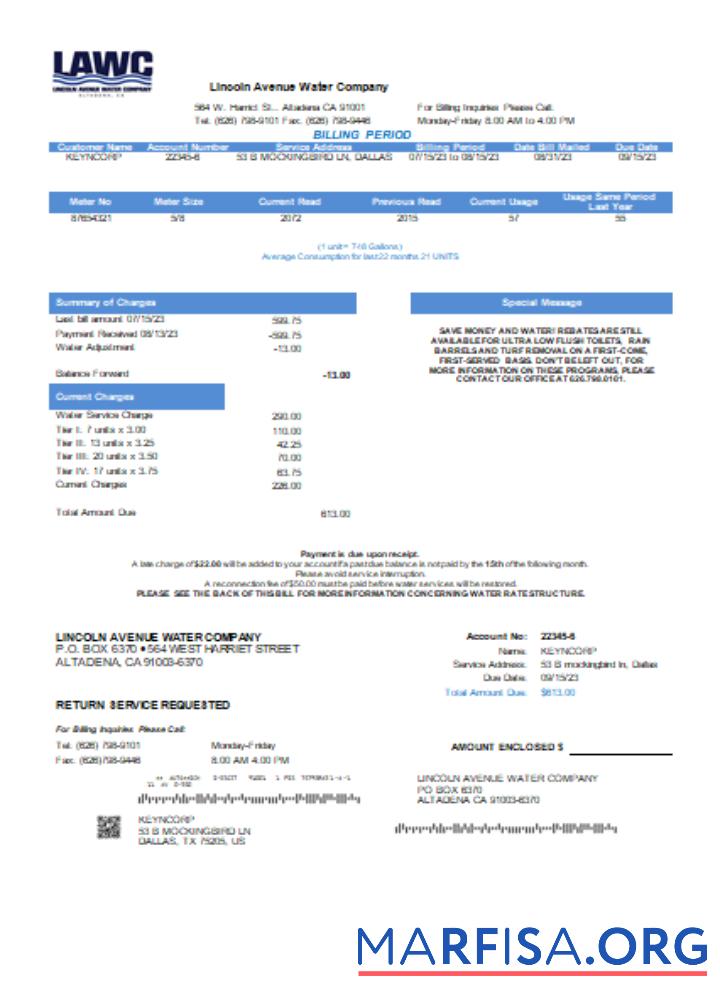 Downloadable Lincoln Avenue Water Company utility business bill SCR real example